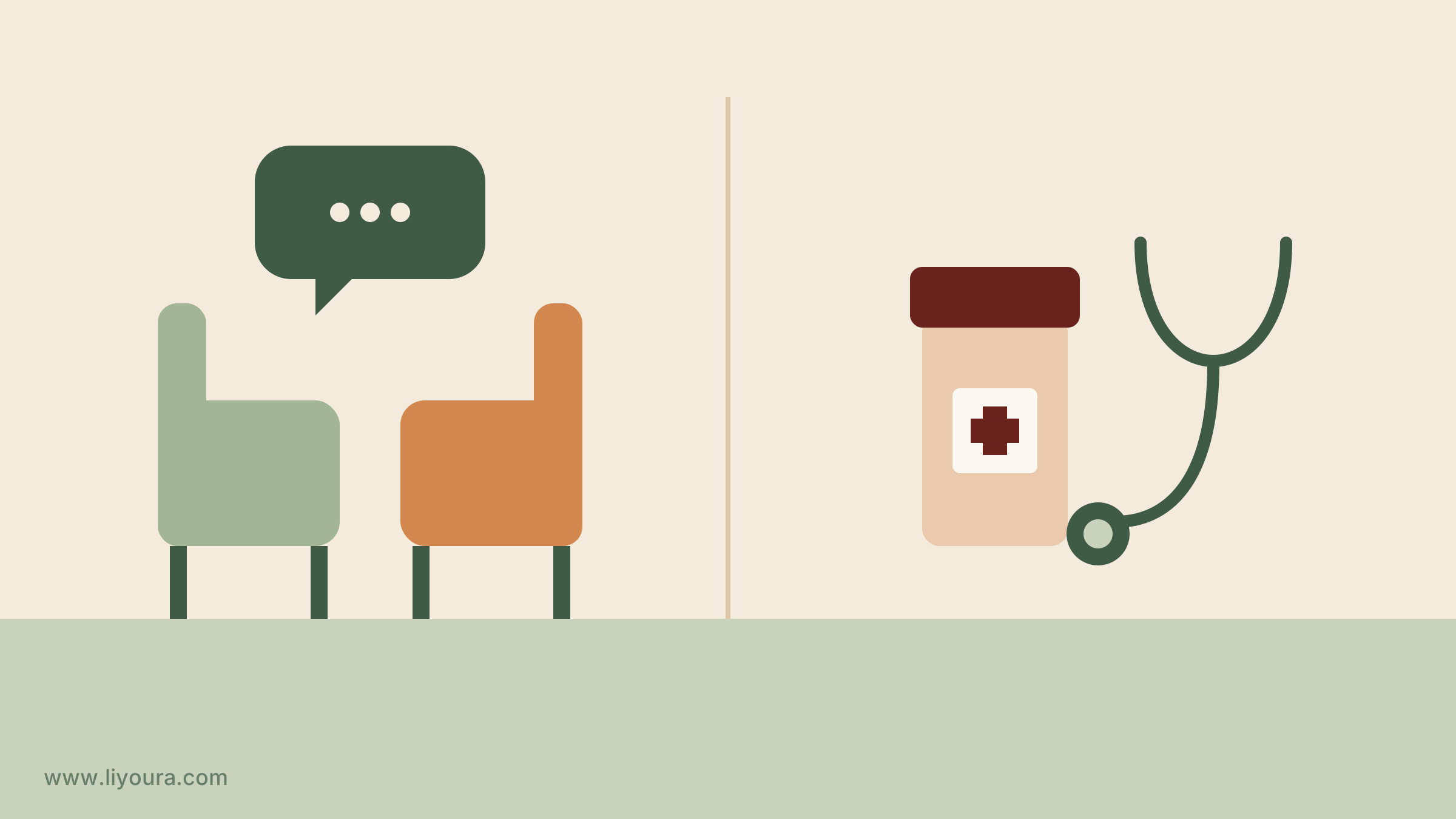 Twee stoelen voor een gesprek naast medicatie en een stethoscoop